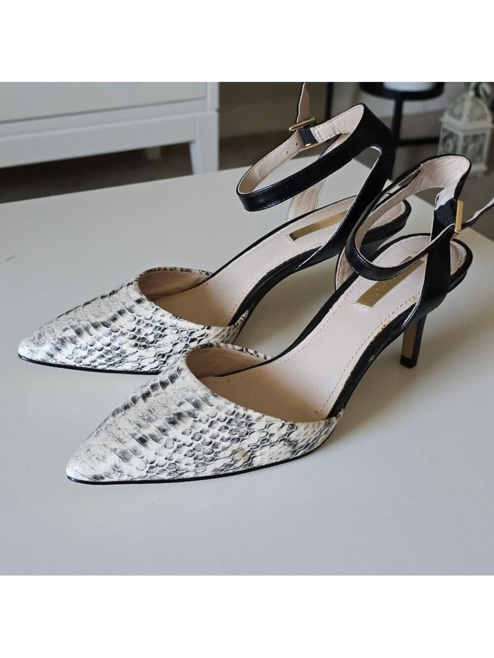 Louise & Cie Leather Black and White Women's Ankle Straps Heels Pumps